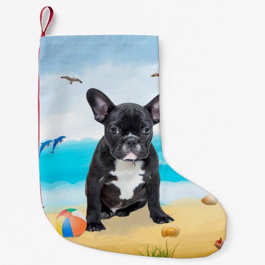 ブルドッグフランスのオンビーチ装飾用クッション スモールクリスマスストッキング (正面)