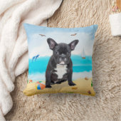 ブルドッグフランスのオンビーチ クッション (ブランケット)