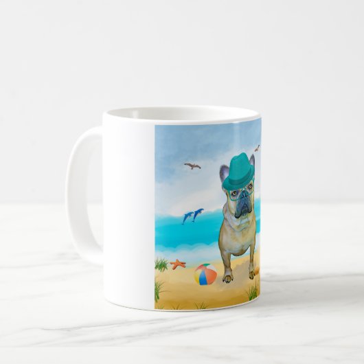 ブルドッグフランスのオンビーチ コーヒーマグカップ (正面左)