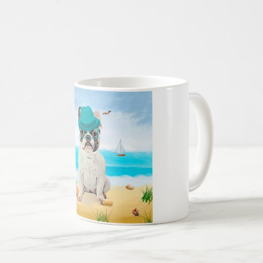 ブルドッグフランスのオンビーチ コーヒーマグカップ (正面右)