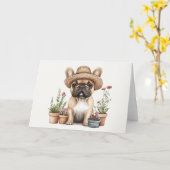 ブルドッグフランスのガーデニング花ポット カード (黄色い花)