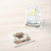 ブルドッグフランスのガーデニング花ポット スクエアペーパーコースター (インサイチュ)