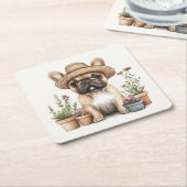 ブルドッグフランスのガーデニング花ポット スクエアペーパーコースター (アングル)