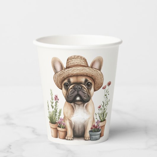 ブルドッグフランスのガーデニング花ポット 紙コップ (正面)