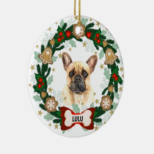 ブルドッグフランスのクリスマスかわいい犬クッキーリース セラミックオーナメント (右)