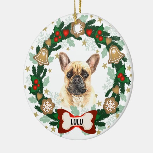 ブルドッグフランスのクリスマスかわいい犬クッキーリース セラミックオーナメント (左)