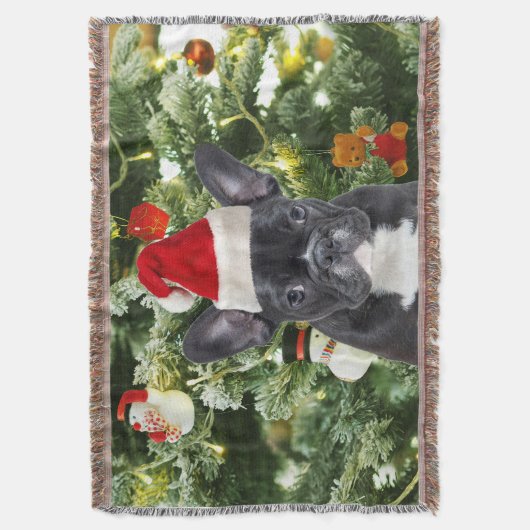 ブルドッグフランスのクリスマスツリーオーナメント雪だるま スローブランケット (正面縦)