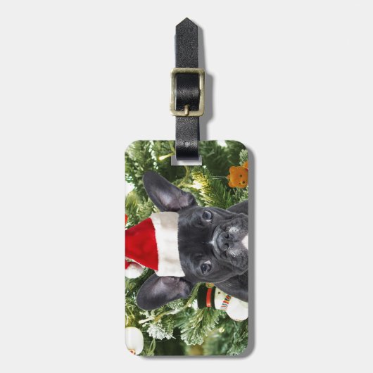 ブルドッグフランスのクリスマスツリーオーナメント雪だるま ラゲッジタグ (正面縦)