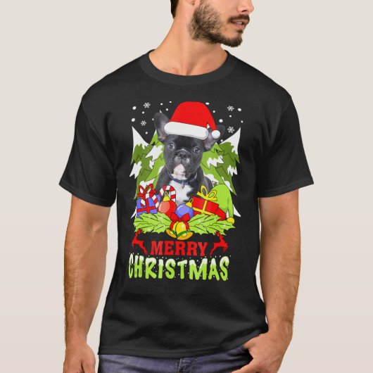 ブルドッグフランスのクリスマスドッグ Tシャツ (正面)