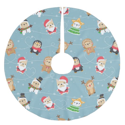 ブルドッグフランスのクリスマスパターン ブラッシュドポリエステルツリースカート (正面)