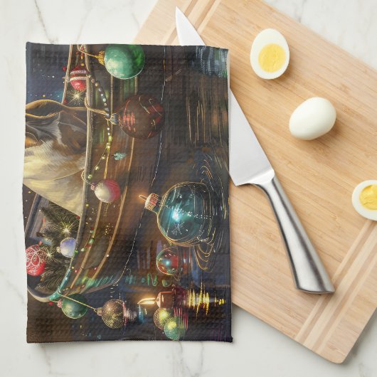 ブルドッグフランスのクリスマスフェスティバル航海 キッチンタオル (四つ折り)