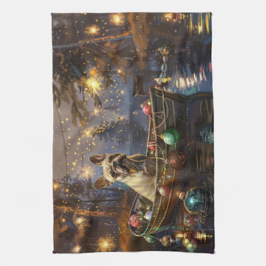 ブルドッグフランスのクリスマスフェスティバル航海 キッチンタオル (縦)
