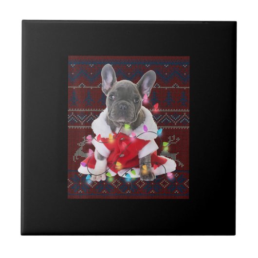 ブルドッグフランスのクリスマスライト醜いセーター犬 タイル (正面)