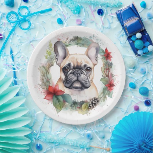 ブルドッグフランスのクリスマスリースフェスティバルカップ ペーパープレート (パーティー)