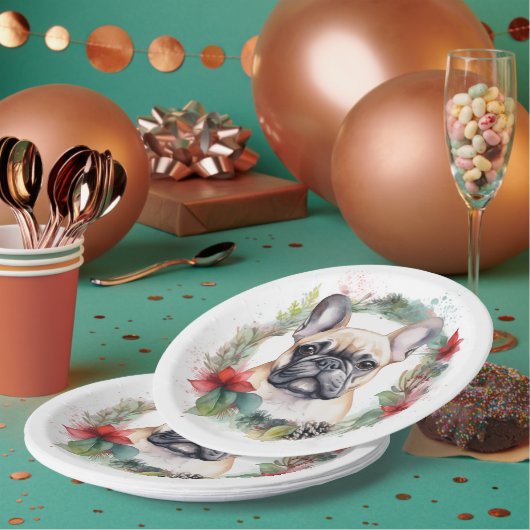 ブルドッグフランスのクリスマスリースフェスティバルカップ ペーパープレート (複数)