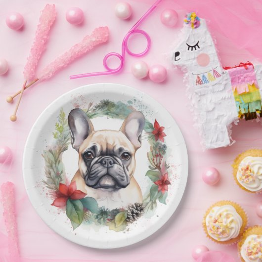 ブルドッグフランスのクリスマスリースフェスティバルカップ ペーパープレート (パーティー)