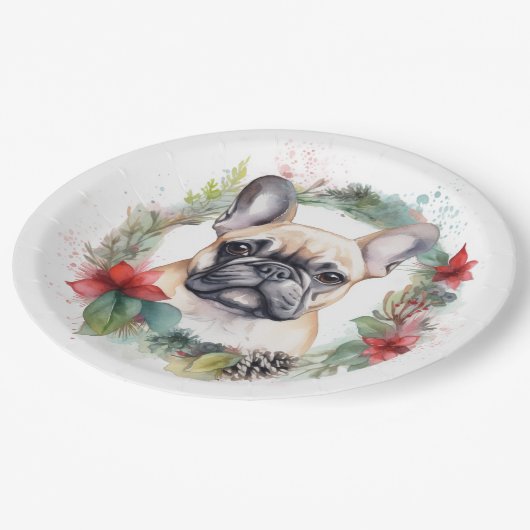 ブルドッグフランスのクリスマスリースフェスティバルカップ ペーパープレート (アングル)