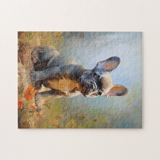 ブルドッグフランスのグレイの子犬の夕日ポートレート ジグソーパズル (横)
