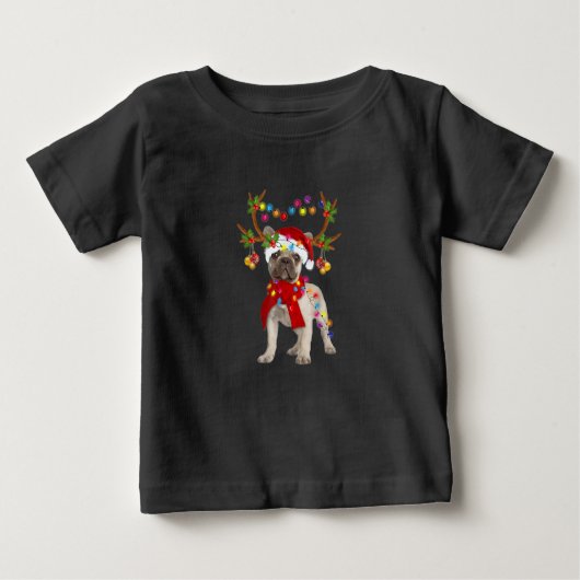 ブルドッグフランスのゴージャスなトナカイのクリスマスツリー ベビーTシャツ (正面)