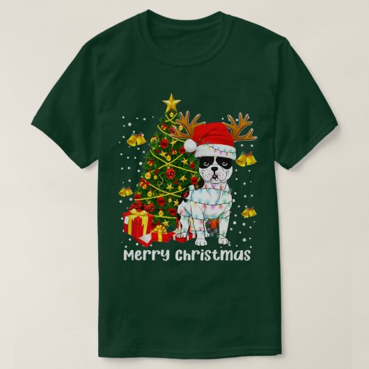 ブルドッグフランスのサンタクリスマスツリーのライトクリスマスのために Tシャツ (デザイン正面)