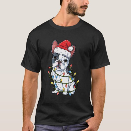 ブルドッグフランスのサンタクリスマスツリーライトクリスマスギ Tシャツ (正面)