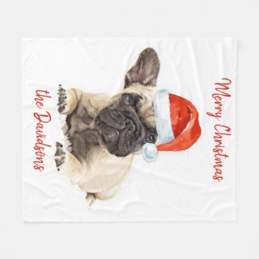 ブルドッグフランスのサンタドッグクリスマスかわいい子犬 フリースブランケット (正面(横))