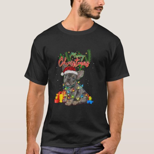 ブルドッグフランスのサンタハットクリスマスツリーライトボーイ Tシャツ (正面)