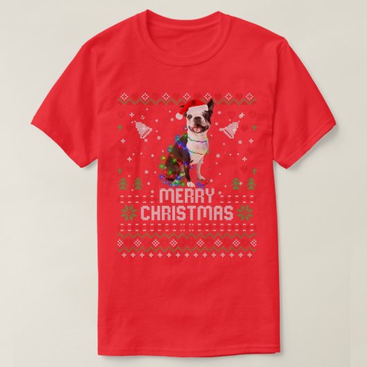 ブルドッグフランスのサンタハットドッグクリスマスツリーライト Tシャツ (デザイン正面)