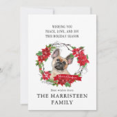 ブルドッグフランスのタンウォーターカラーポインセチアのクリスマス シーズンカード (正面)