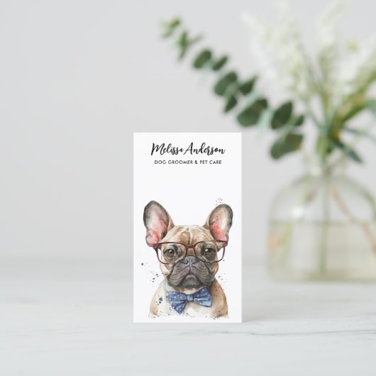 ブルドッグフランスのドッグトリマーかわいい子犬ペットシッター 名刺 (スタンド正面)