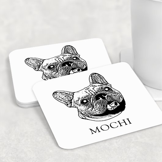 ブルドッグフランスのドッグハパーソナライズされたンドスケッチ スクエアペーパーコースター