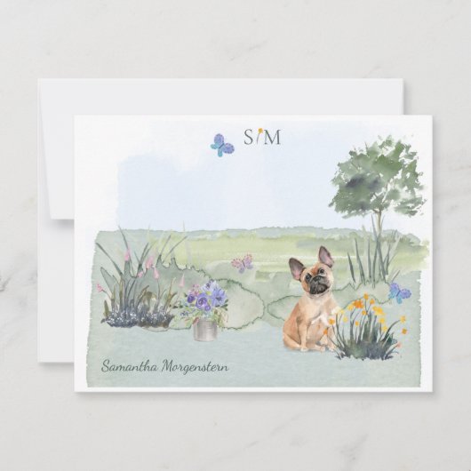 ブルドッグフランスのドッグバタフライモノグラム名 ノートカード (正面)