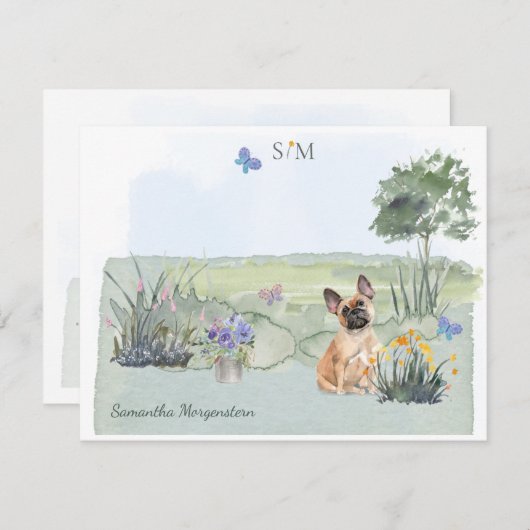 ブルドッグフランスのドッグバタフライモノグラム名 ノートカード (正面/裏面)