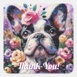 ブルドッグフランスのドッグバラフローラピンク白黒 スクエアシール