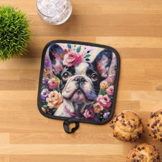 ブルドッグフランスのドッグバラフローラピンク白黒 鍋敷き (トップダウン)