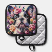 ブルドッグフランスのドッグバラフローラピンク白黒 鍋敷き (正面/裏面)