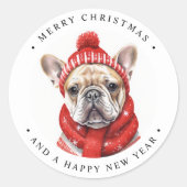 ブルドッグフランスのドッグパーソナライズされたメリークリスマス ラウンドシール (正面)