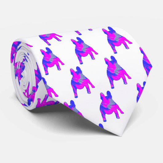 ブルドッグフランスのドッグ可愛いピンクブルーシルエット白 ネクタイ (ロール)