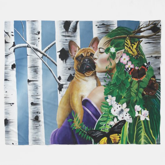 ブルドッグフランスのドライアドファンタジー フリースブランケット (正面(横))