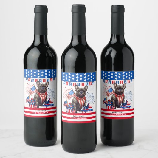 ブルドッグフランスのハッピーアメリカ7月4日アメリカ愛国者 ワインラベル (ボトル)