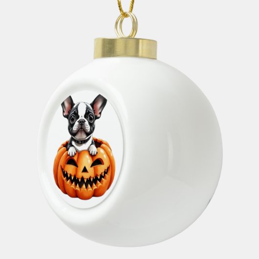 ブルドッグフランスのハッピーハローウィンパンプキクラシックンT-S セラミックボールオーナメント (右)