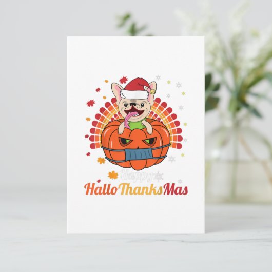 ブルドッグフランスのハッピーハローサンキューマス2020かわいい犬 出欠カード (スタンド正面)