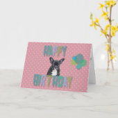 ブルドッグフランスのハッピーバースデー水玉模様バルーン カード (黄色い花)