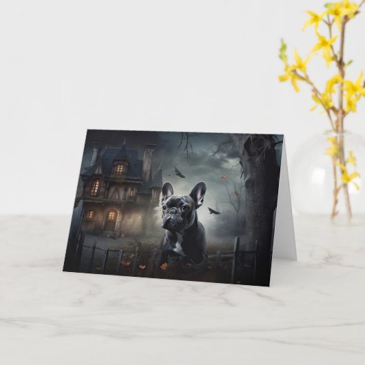 ブルドッグフランスのハロウィーン怖 カード (黄色い花)