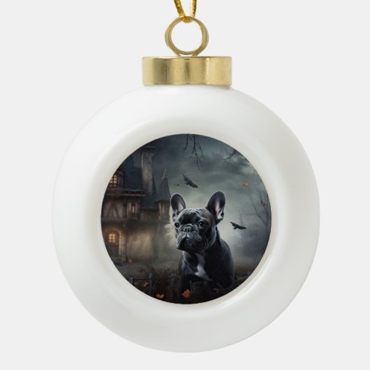 ブルドッグフランスのハロウィーン怖 セラミックボールオーナメント (正面)
