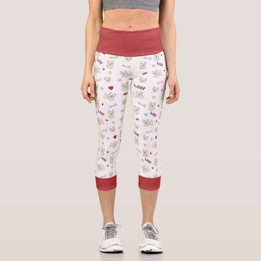 ブルドッグフランスのハートの前足は犬の骨とボウルを印刷する カプリレギンス (正面)