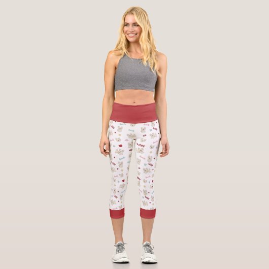 ブルドッグフランスのハートの前足は犬の骨とボウルを印刷する カプリレギンス (正面)