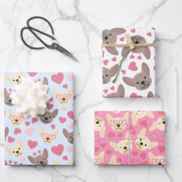 ブルドッグフランスのハートシームレスパターン ラッピングペーパーシート