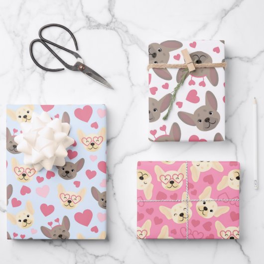 ブルドッグフランスのハートシームレスパターン ラッピングペーパーシート (正面)