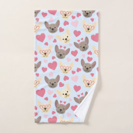 ブルドッグフランスのハートバレンタインデーのパターン ハンドタオル